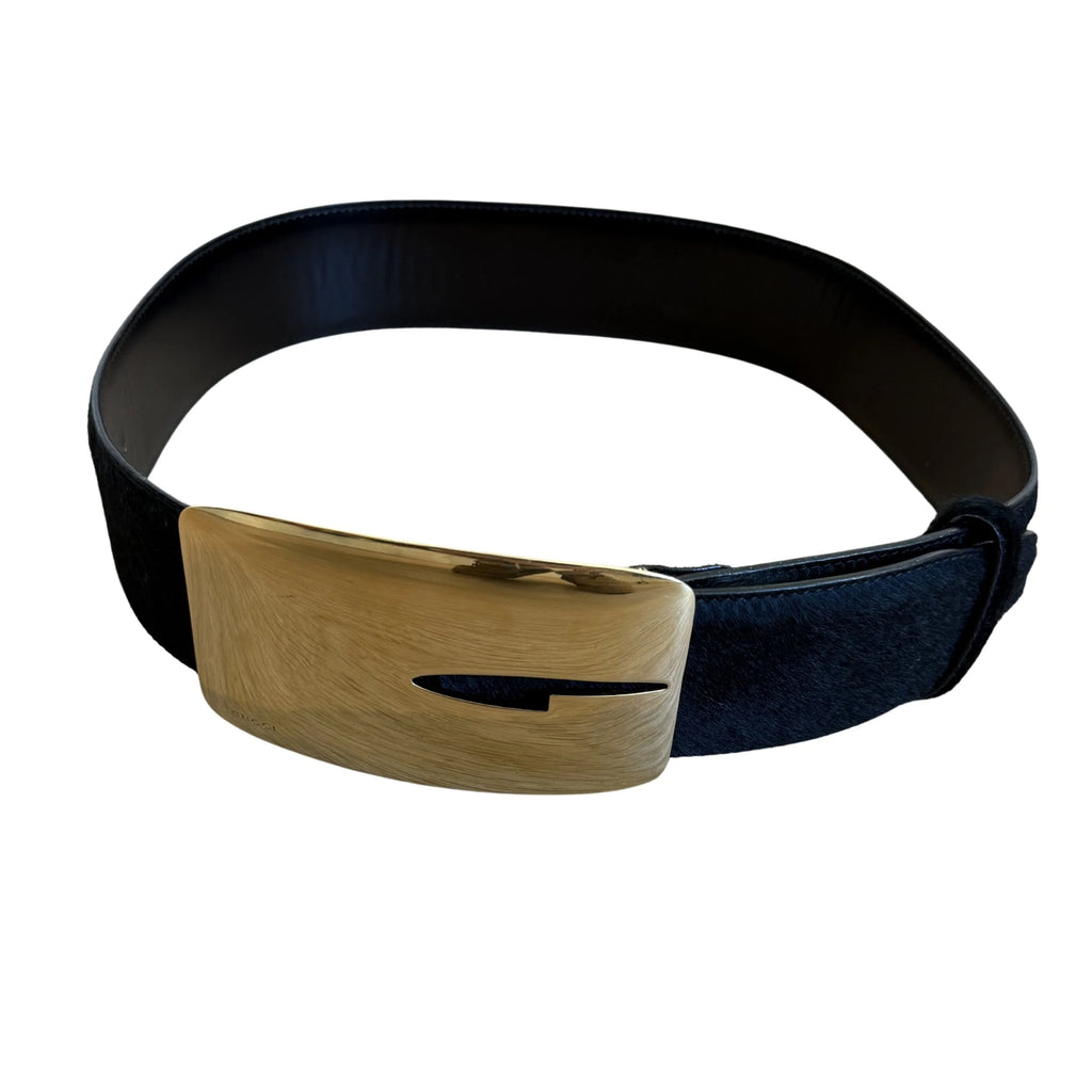 Gucci F/W 1996 Black Pony Hair Golden Logo Buckle Belt
