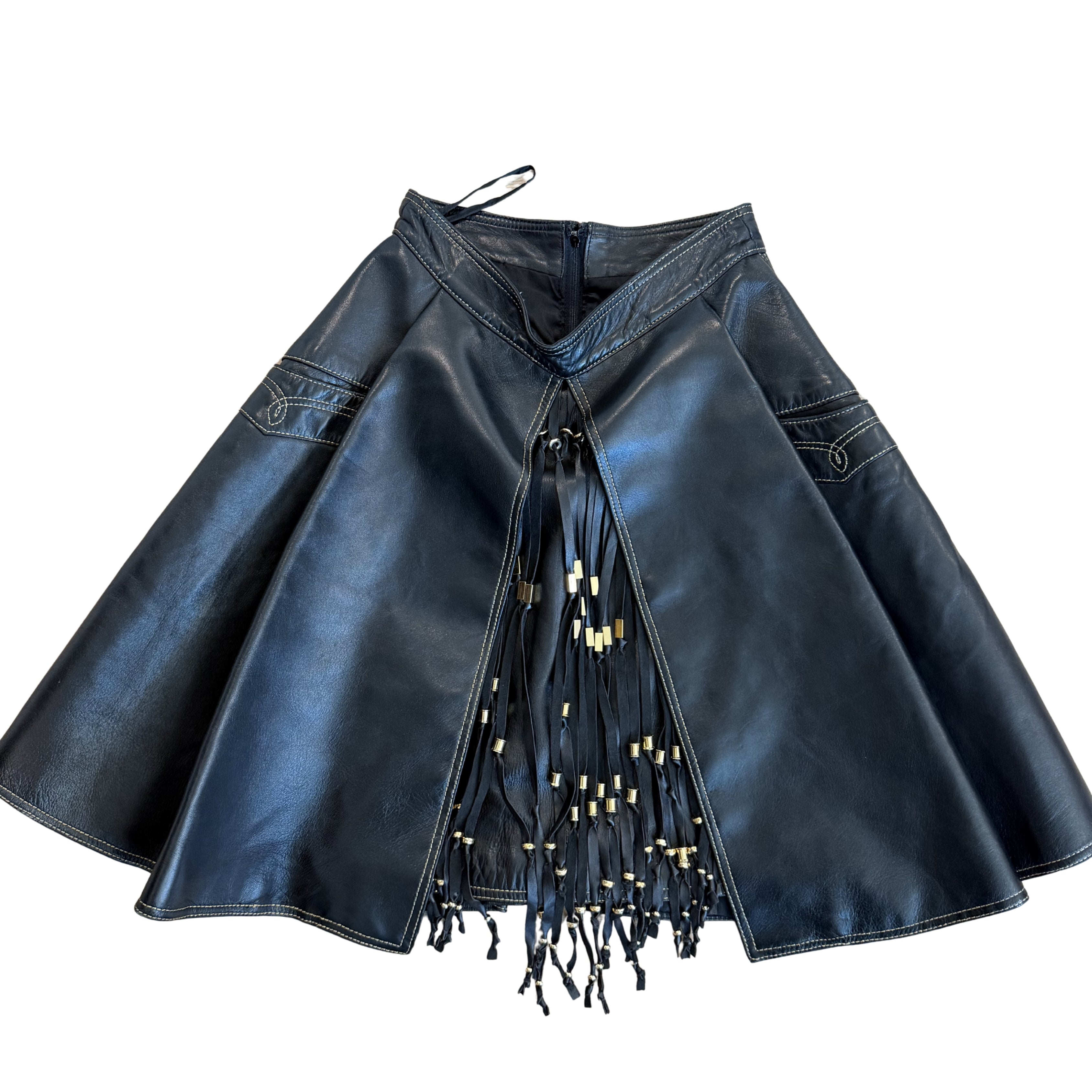 Gianni Versace AW1992 Black Leather Fringe Skirt