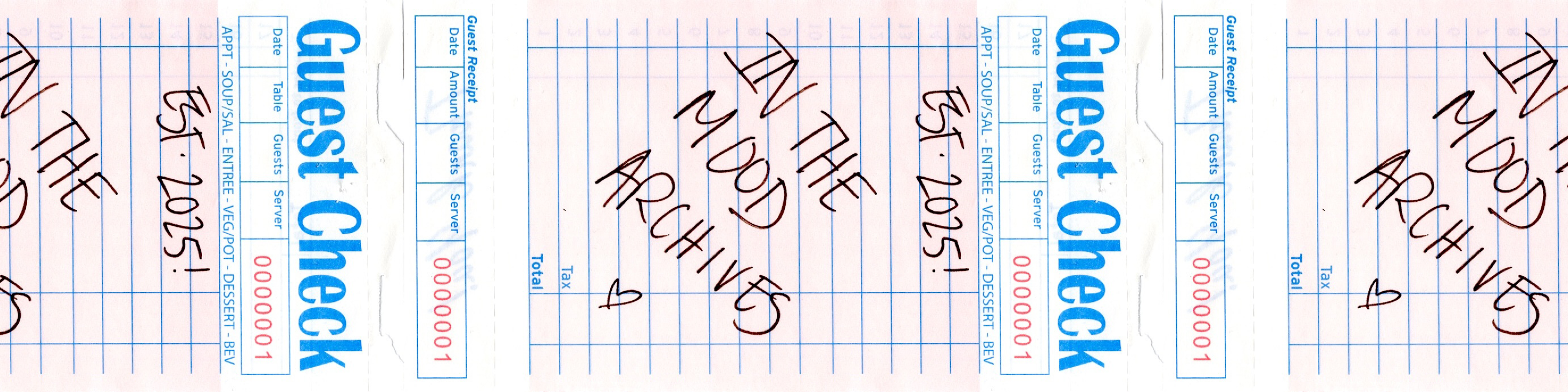 Two guest check books with "IN THE MOOD ARCHIVES est 2025" and dates on a grid background